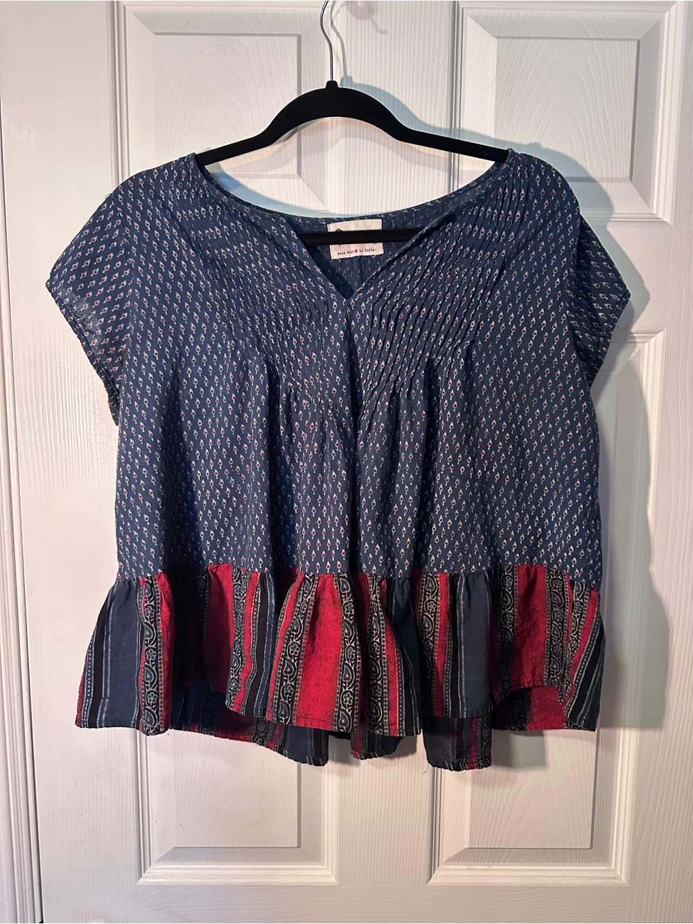 Opal Navy Patterned Peasant Top with Red Trim